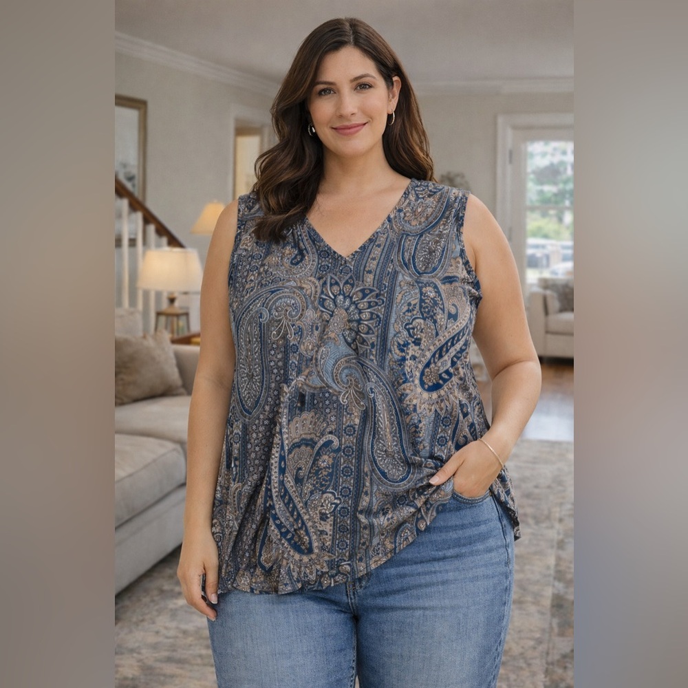 Paisley Sleeveless Top - Blue and Gray